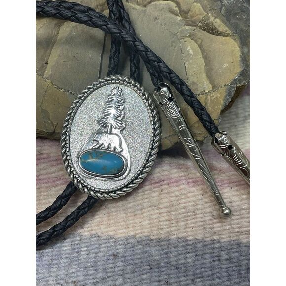 TURQUOISE BEAR SILVER BOLO LARIAT Y NECKLACE MENS WOMENS MOM DAD GIFT WESTERN - Picture 4 of 16